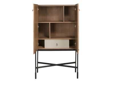 High sideboard/bar cabinet upholstered in genuine leather with walnut details - ABBA