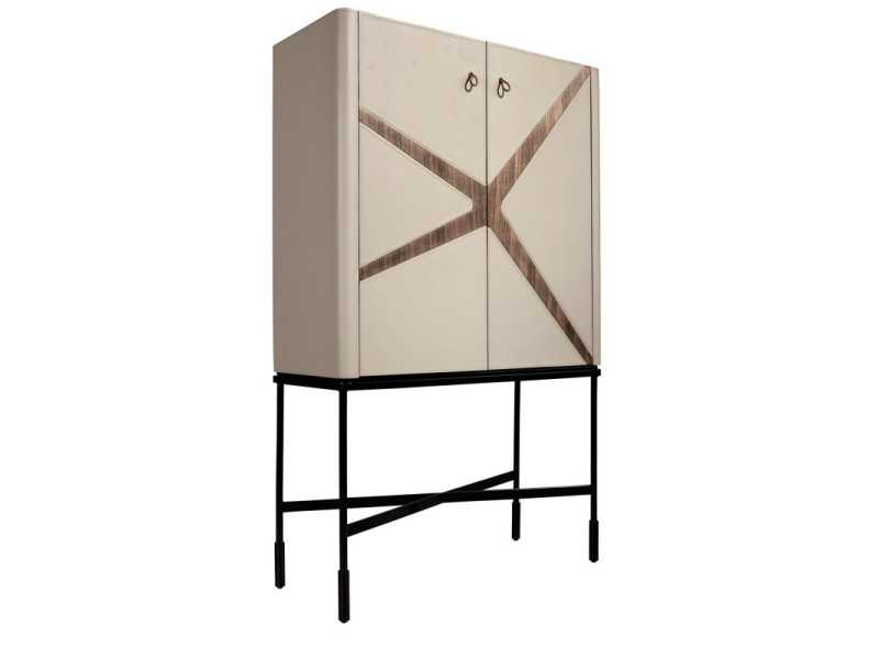 High sideboard/bar cabinet upholstered in genuine leather with walnut details - ABBA