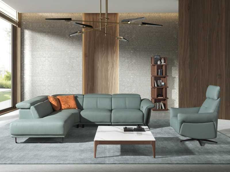 Modern design swivel relax armchair upholstered in genuine leather - MORGAN
