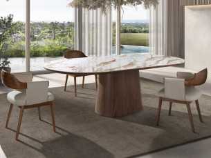 Mesa de comedor chapada en nogal con tapa ovalada de mármol porcelánico - AAL
