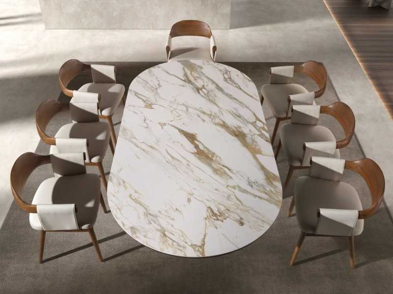 Walnut veneer dining table with oval porcelain marble top - AAL