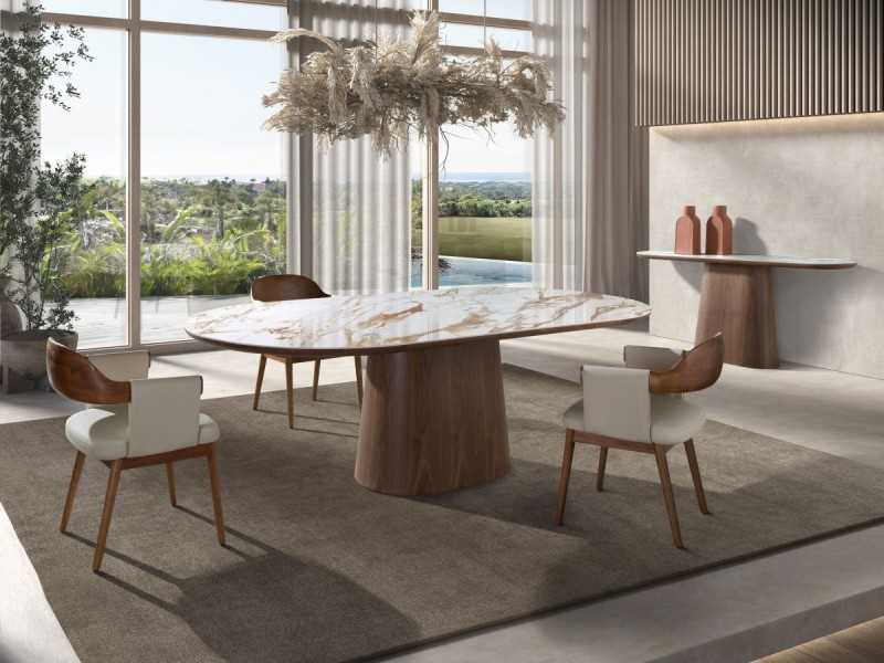 Walnut veneer dining table with oval porcelain marble top - AAL