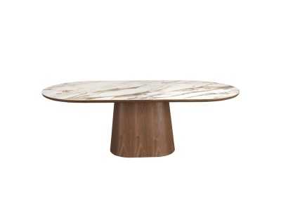 Mesa de comedor chapada en nogal con tapa ovalada de mármol porcelánico - AAL Mesa de comedor chapada en nogal con tapa ovalada de mármol porcelánico - AAL