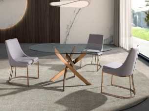 Table à manger ronde avec plateau en verre trempé et base en acier inoxydable - ABALONE