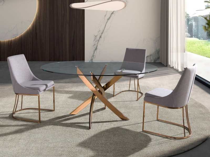 Table à manger ronde avec plateau en verre trempé et base en acier inoxydable - ABALONE