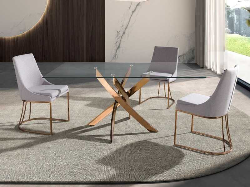Mesa de comedor rectangular con tapa de cristal templado y base de acero inoxidable - ABALONE R