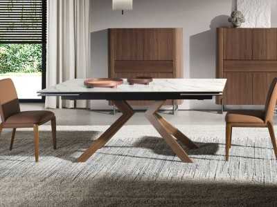 Extendable dining table with porcelain marble top and stainless steel legs - SYMI