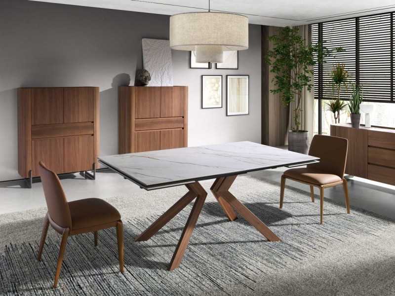 Mesa de comedor extensible con tapa de mármol porcelánico y patas de acero inox - SYMI