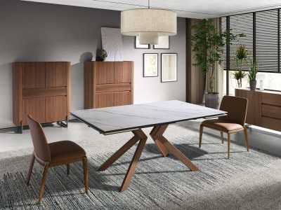 Mesa de comedor extensible con tapa de mármol porcelánico y patas de acero inox - SYMI