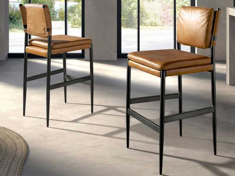 Tabouret tapissé de cuir véritable avec structure en acier inoxydable foncé - AZZARO