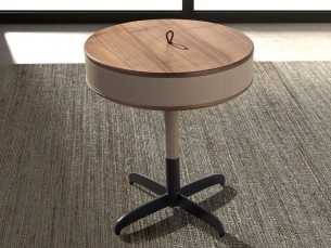 Mesa de rincón redonda de madera con tapizado en piel y patas de acero inox - ABEL