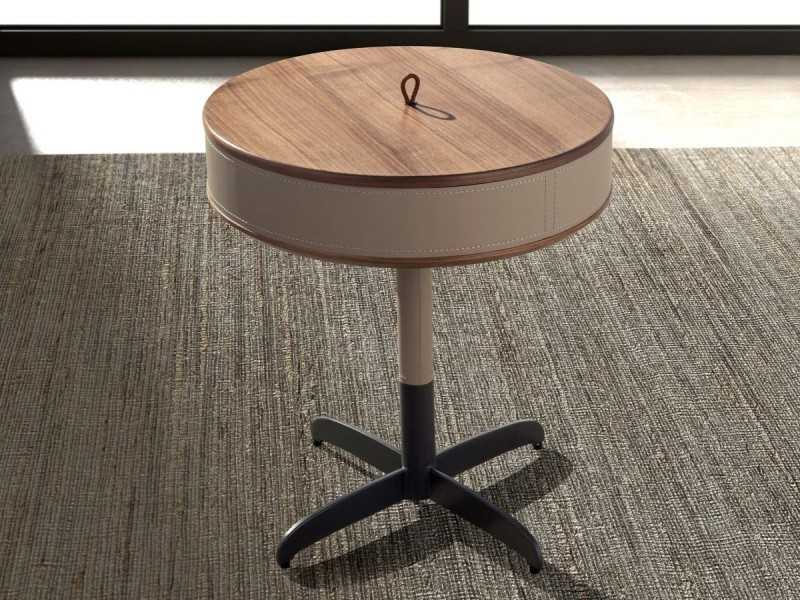 Mesa de rincón redonda de madera con tapizado en piel y patas de acero inox - ABEL