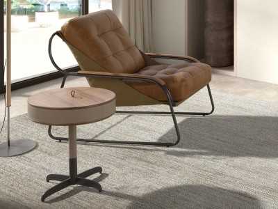 Round wooden corner table with leather upholstery and stainless steel legs - ABEL Round wooden corner table with leather upholstery and stainless steel legs - ABEL