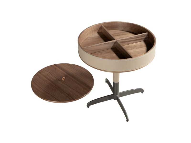 Mesa de rincón redonda de madera con tapizado en piel y patas de acero inox - ABEL