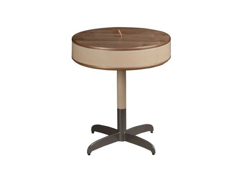 Table d'angle ronde en bois avec revêtement en cuir et pieds en acier inoxydable - ABEL