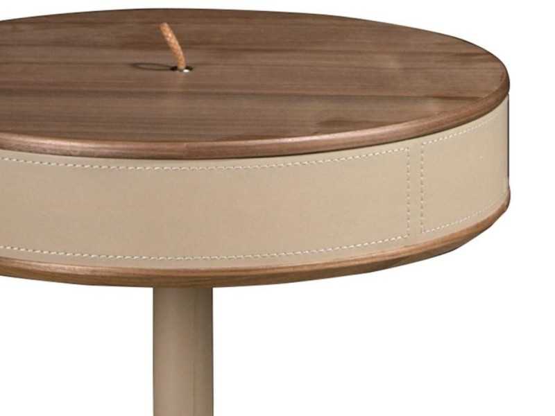 Mesa de rincón redonda de madera con tapizado en piel y patas de acero inox - ABEL