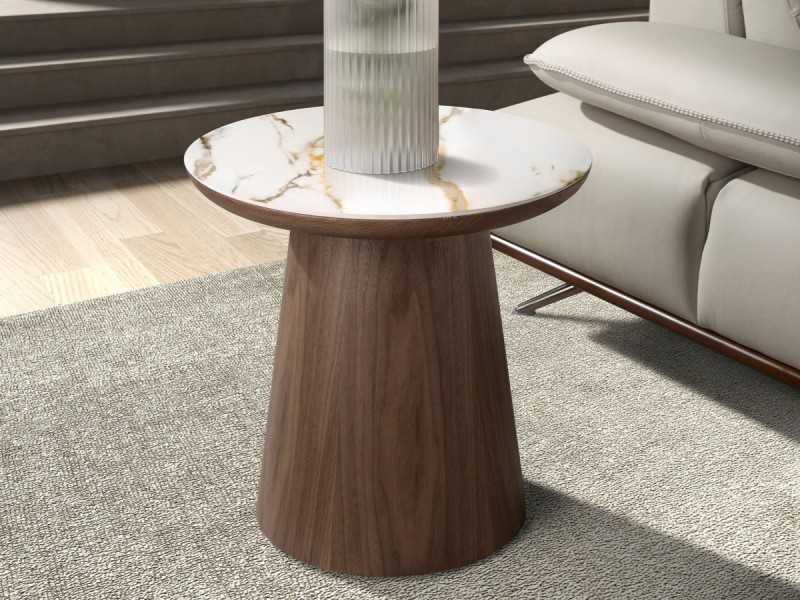 Mesa de rincón redonda de madera con tapa de mármol porcelánico - AAL