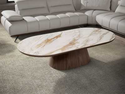 Walnut veneer coffee table with oval porcelain marble top - AAL