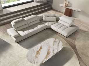 Table basse en placage de noyer avec plateau ovale en marbre porcelaine - AAL 2