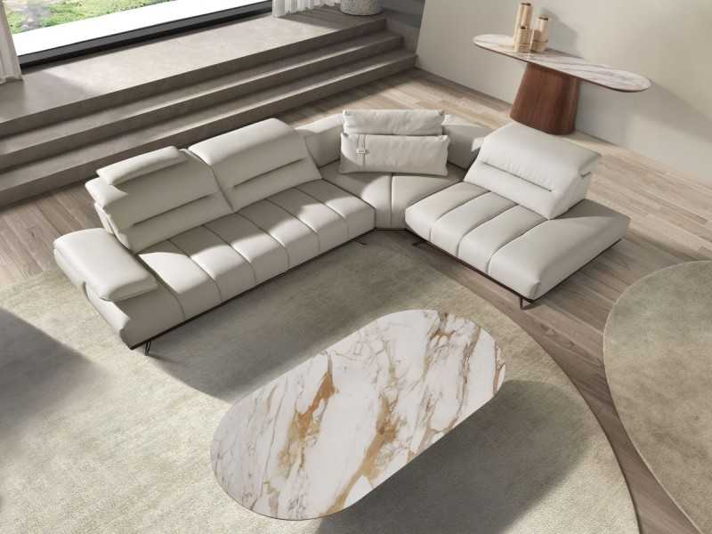 Table basse en placage de noyer avec plateau ovale en marbre porcelaine - AAL