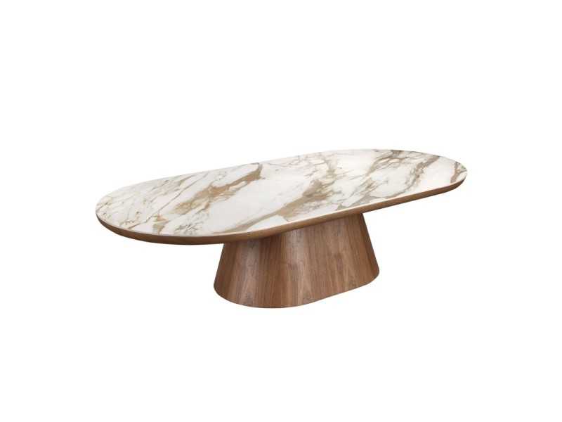 Table basse en placage de noyer avec plateau ovale en marbre porcelaine - AAL