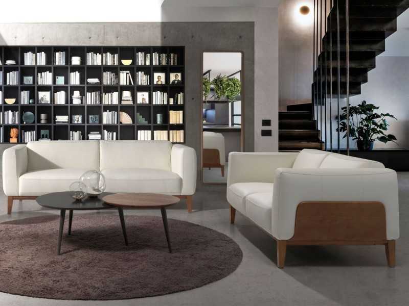 Canapé design tapissé en cuir véritable avec piètement en bois - VERDI BIANCO 2