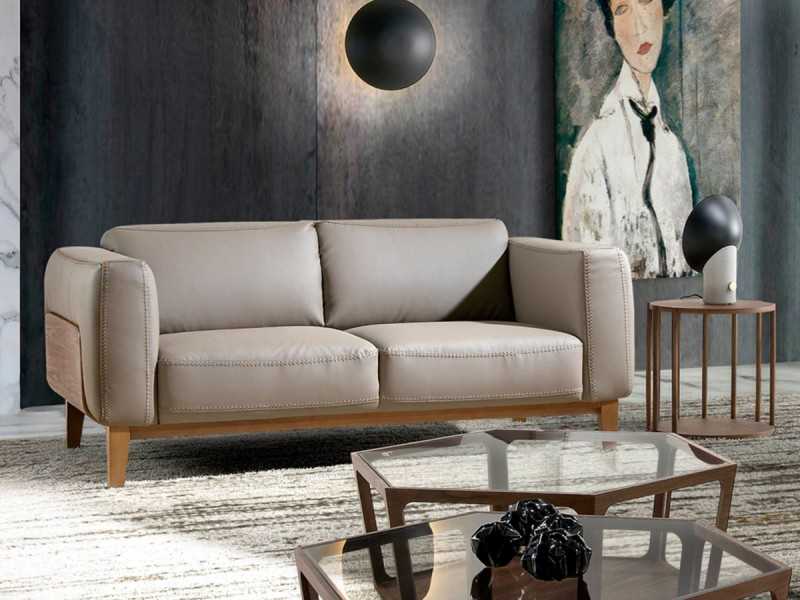 Canapé design tapissé en cuir véritable avec piètement en bois - VERDI VISÓN 2