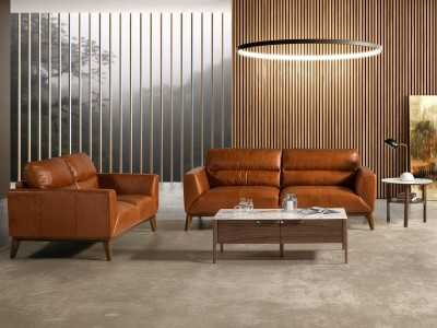 Fauteuil design en cuir véritable avec piètement en bois - CLARA Fauteuil design en cuir véritable avec piètement en bois - CLARA