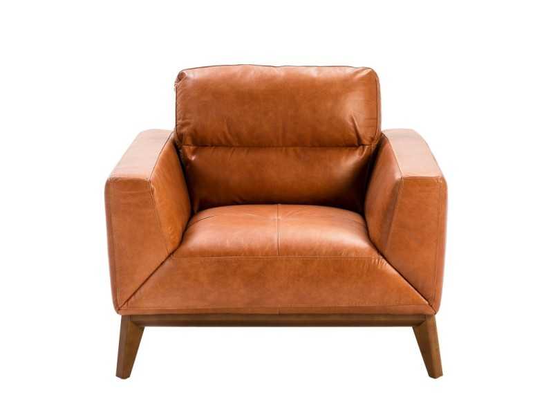 Fauteuil design en cuir véritable avec piètement en bois - CLARA