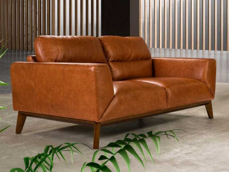 Sofá de diseño tapizado en piel genuina con base de madera - CLARA 2