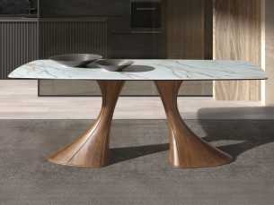 Mesa de comedor con tapa de mármol porcelánico y patas de nogal - ABATTO