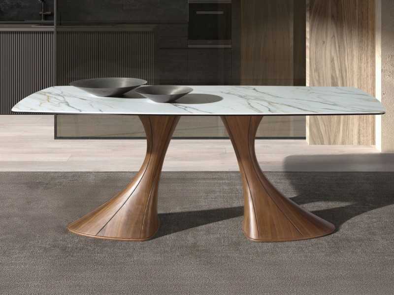 Table à manger avec plateau en marbre porcelaine et pieds en noyer - ABATTO