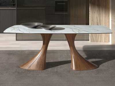 Mesa de comedor con tapa de mármol porcelánico y patas de nogal - ABATTO Mesa de comedor con tapa de mármol porcelánico y patas de nogal - ABATTO