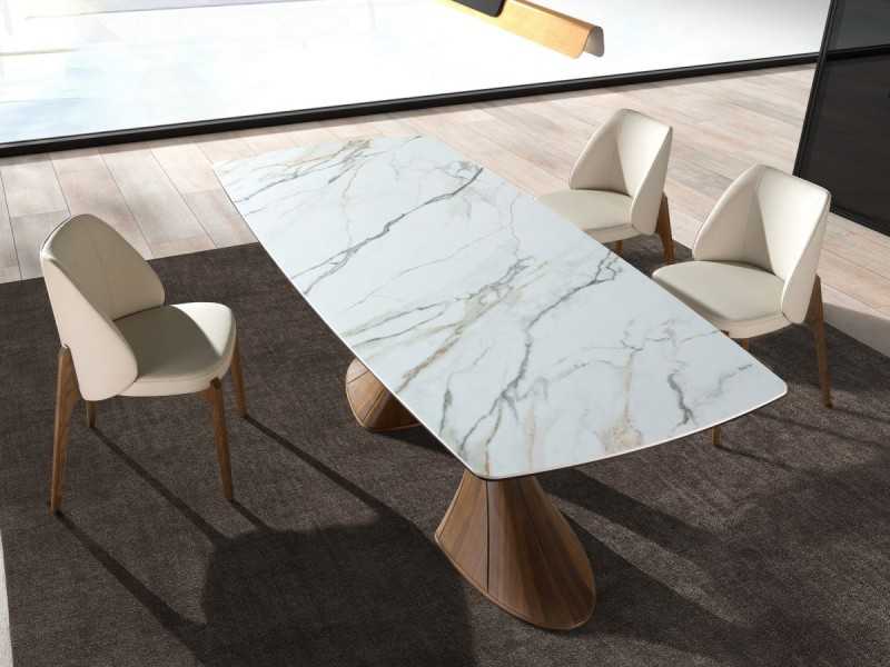 Modern design chair upholstered in cream-colored faux leather - ABATTO