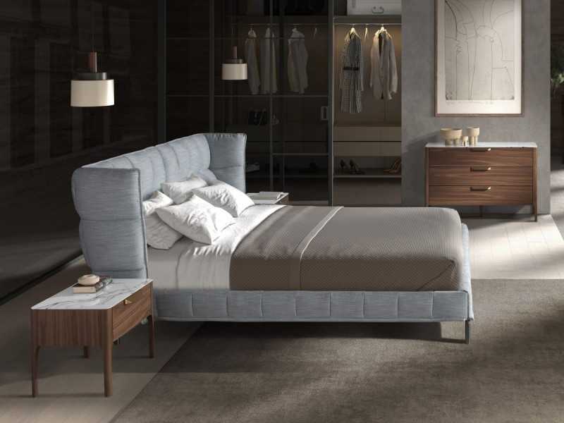Modern design complete bed upholstered in fabric with stainless steel legs - DINA