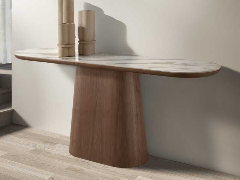 Oval walnut veneer console table with porcelain marble top - AAL