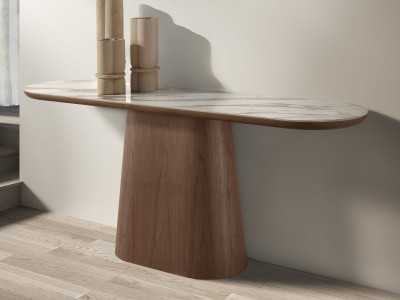 Console ovale en placage de noyer avec plateau en marbre porcelaine - AAL Console ovale en placage de noyer avec plateau en marbre porcelaine - AAL