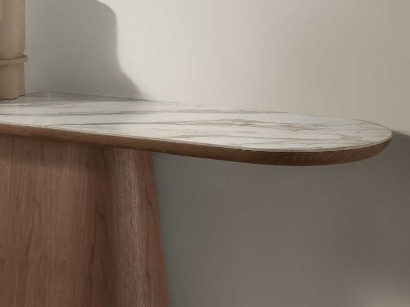 Console ovale en placage de noyer avec plateau en marbre porcelaine - AAL