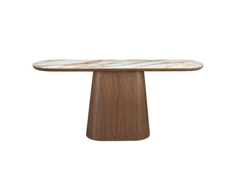 Oval walnut veneer console table with porcelain marble top - AAL