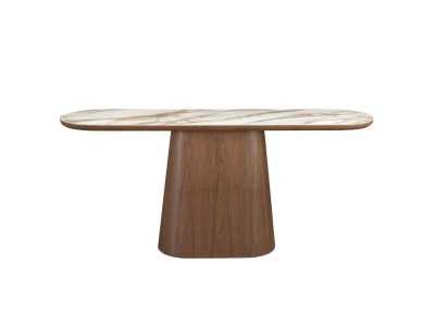 Consola ovalada chapada en nogal con tapa de mármol porcelánico - AAL Consola ovalada chapada en nogal con tapa de mármol porcelánico - AAL