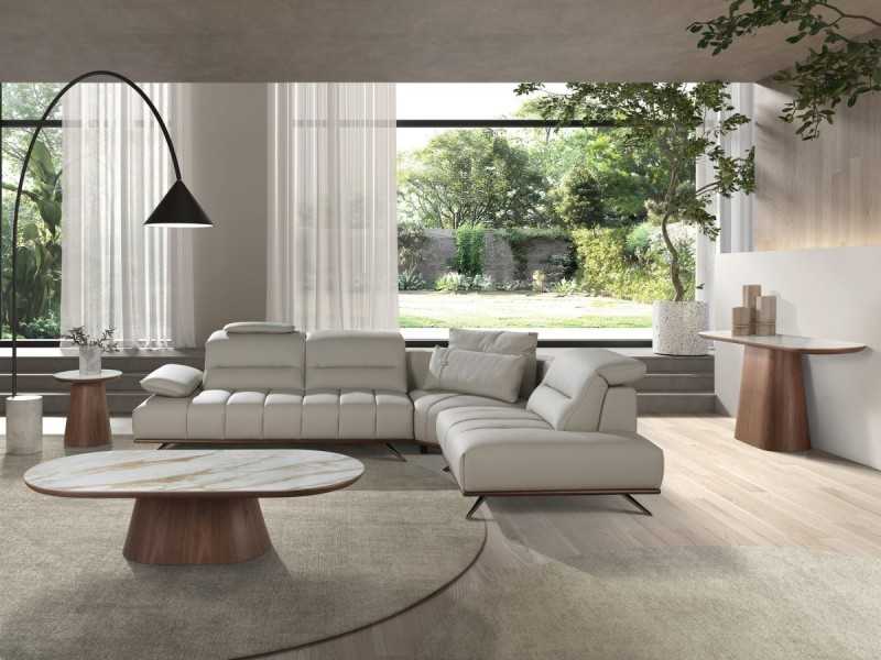 Sofá con chaise longue de diseño moderno tapizado en piel genuina - ADELLE D