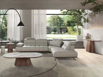 Sofá con chaise longue de diseño moderno tapizado en piel genuina - ADELLE D