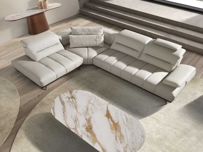 Canapé design moderne avec méridienne tapissée en cuir véritable - ADELLE I