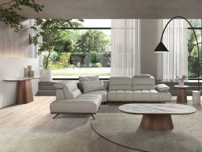 Sofá con chaise longue de diseño moderno tapizado en piel genuina - ADELLE I