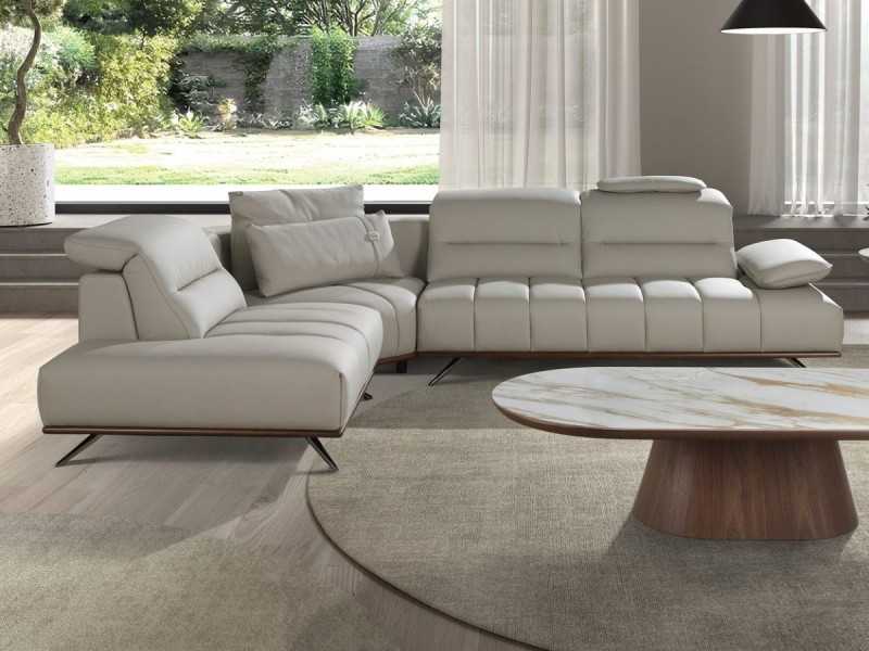 Sofá con chaise longue de diseño moderno tapizado en piel genuina - ADELLE I