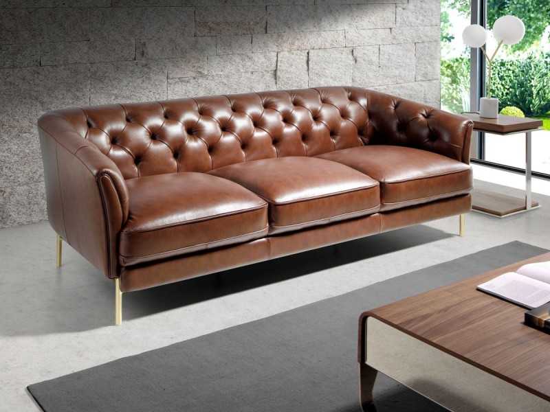Canapé Chesterfield 3 places tapissé de cuir véritable - LIVERPOOL 3