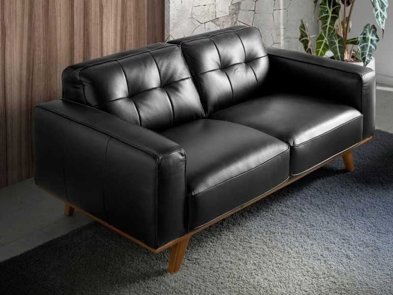 2-seater vintage-style sofa upholstered in genuine black-colored leather - DERBY 2NG