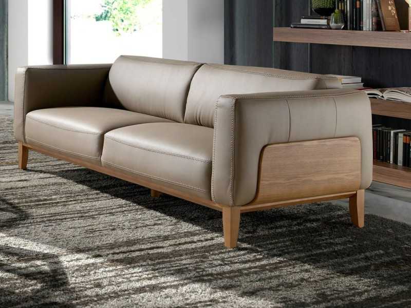 Canapé design tapissé en cuir véritable avec piètement en bois - VERDI VISÓN 3