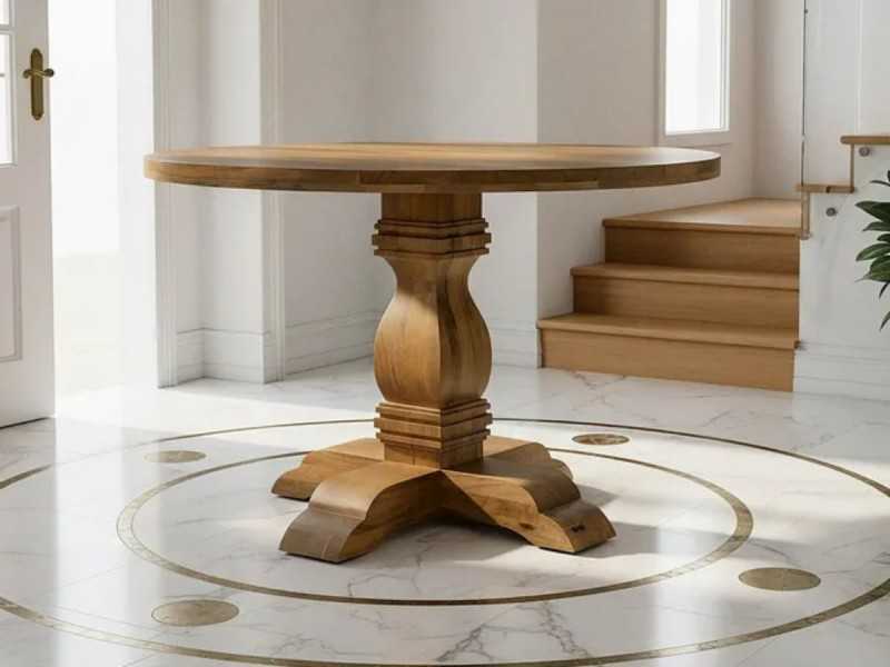 Round, fixed dining table made of solid wood - AKLINA L