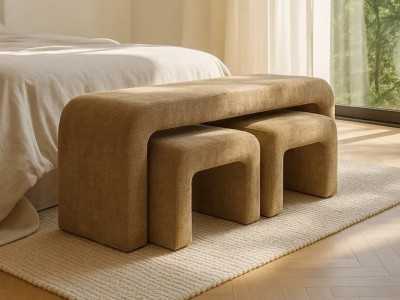 Set of stool with two taupe upholstered poufs - BENT TAUPE